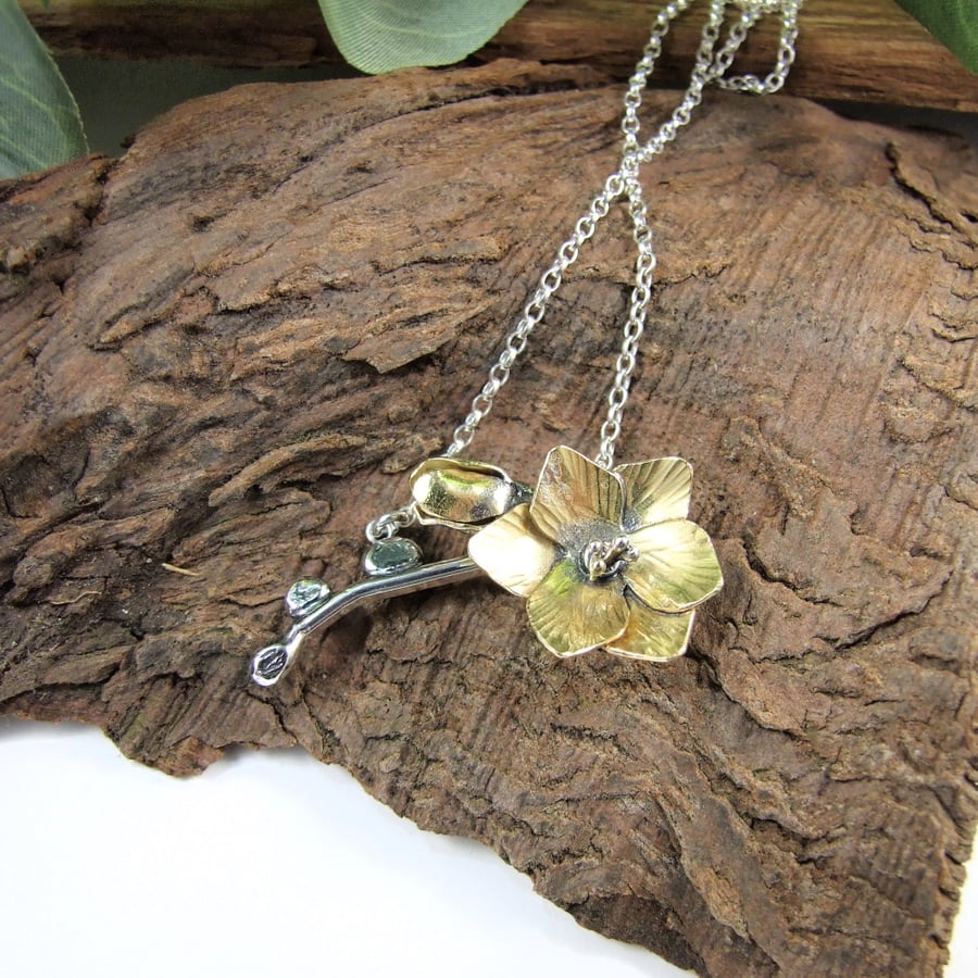 Freesia Flower Pendant, Sterling Silver and Brass Floral Necklace