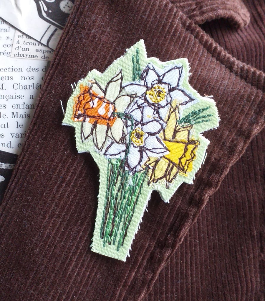 Embroidered Daffodils Brooch