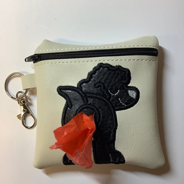 Adorable Cream Embroidered faux leather dog poo bag ,dog walking,