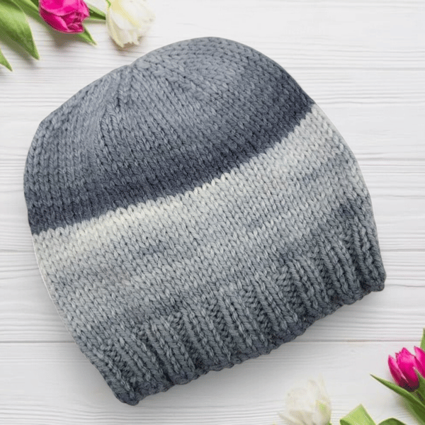 Hand Knitted Baby Hat 0-3 Months, Gender Neutral Beanie, grey ombre