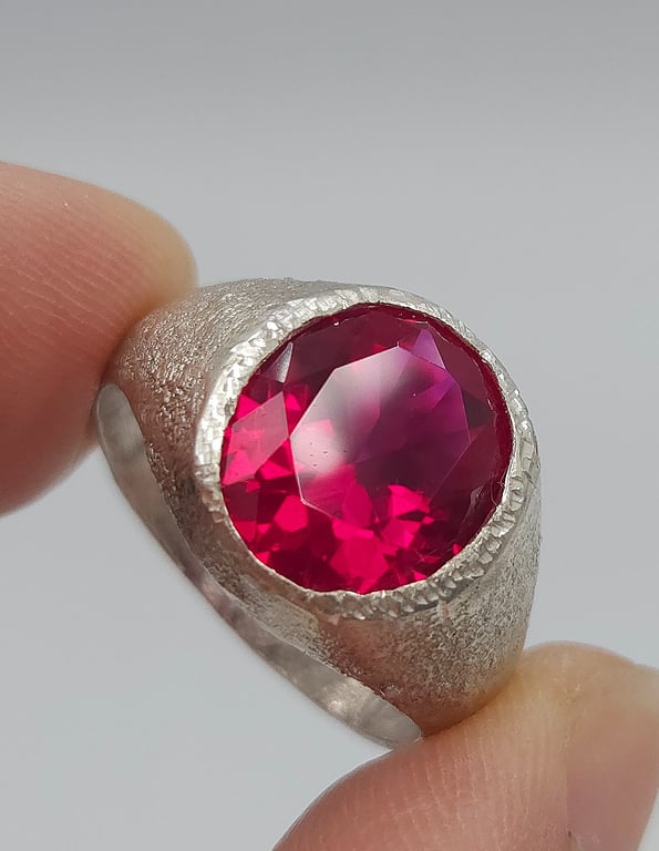 Textured Sterling Silver Ruby Signet Ring - July Birthstone - Size Q