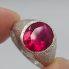 Textured Sterling Silver Ruby Signet Ring - July Birthstone - Size Q