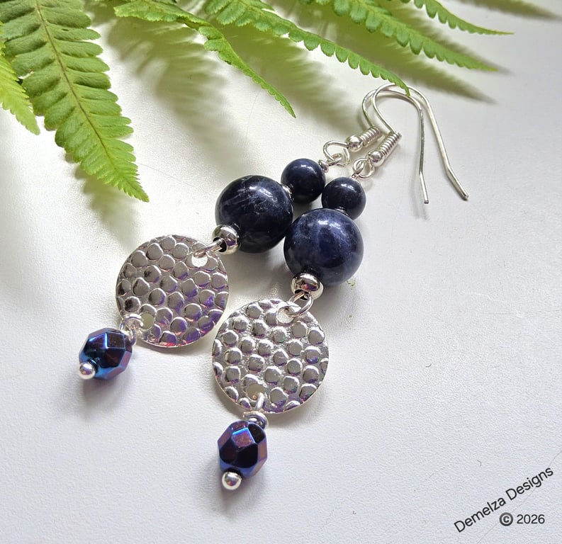 Blue Jasper & Faceted Crystal Silver Plated Long Dangle Earrings 