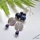 Blue Jasper & Faceted Crystal Silver Plated Long Dangle Earrings 