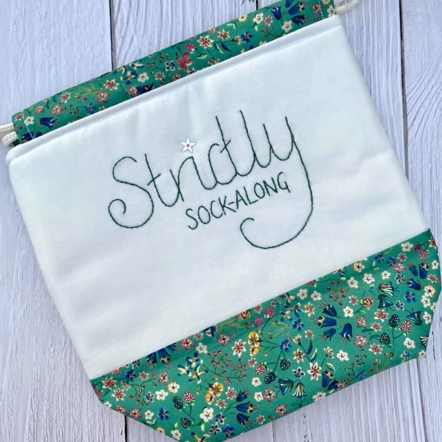 'Strictly Sock-Along' Project Bag with Hand Embroidery - Dusky Green