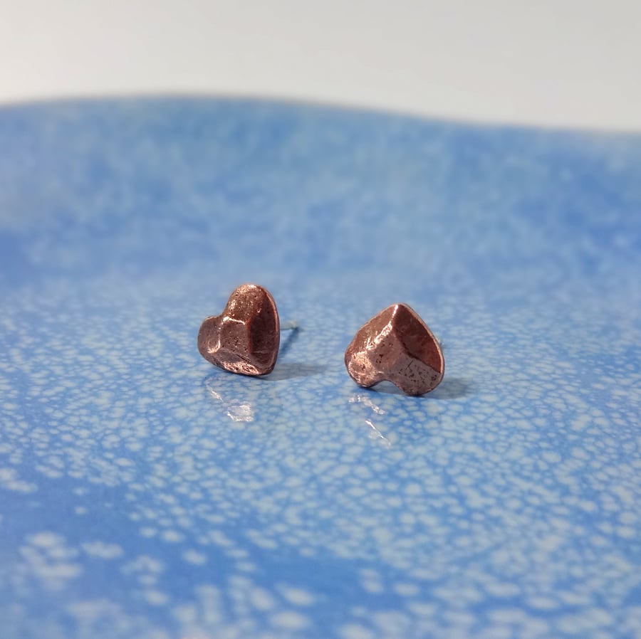 Faceted Copper Heart Stud Earrings