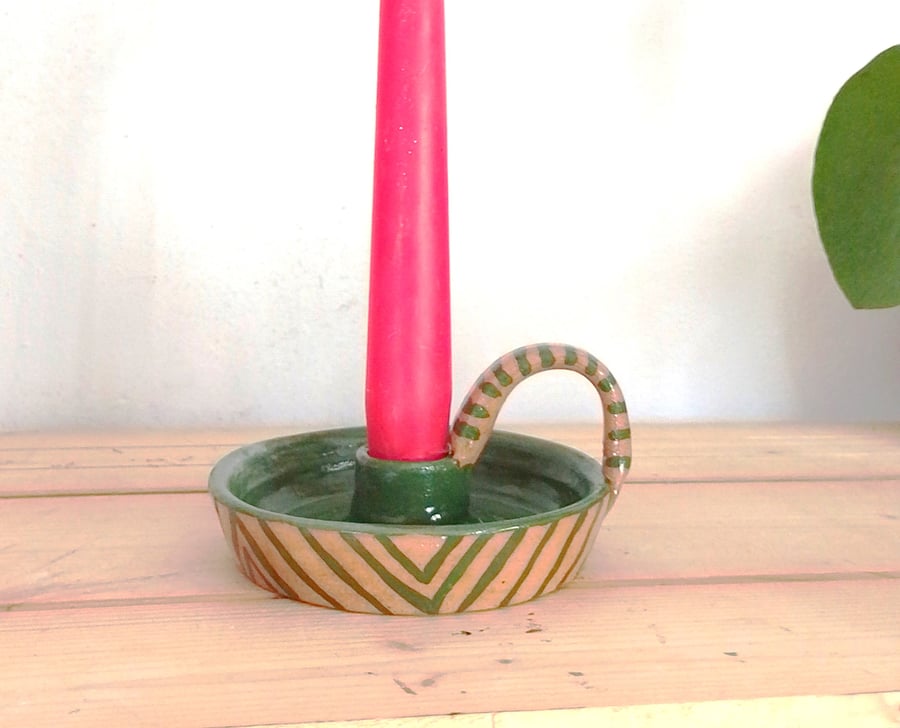 Ceramic striped green stoneware candleholder, Christmas green candleholder