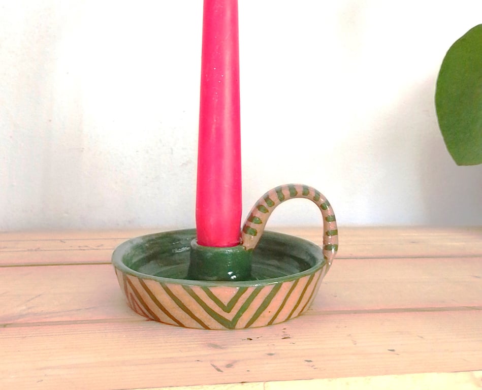 Ceramic striped green stoneware candleholder, Christmas green candleholder