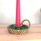 Ceramic striped green stoneware candleholder, Christmas green candleholder