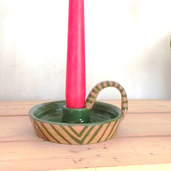 Ceramic striped green stoneware candleholder, Christmas green candleholder