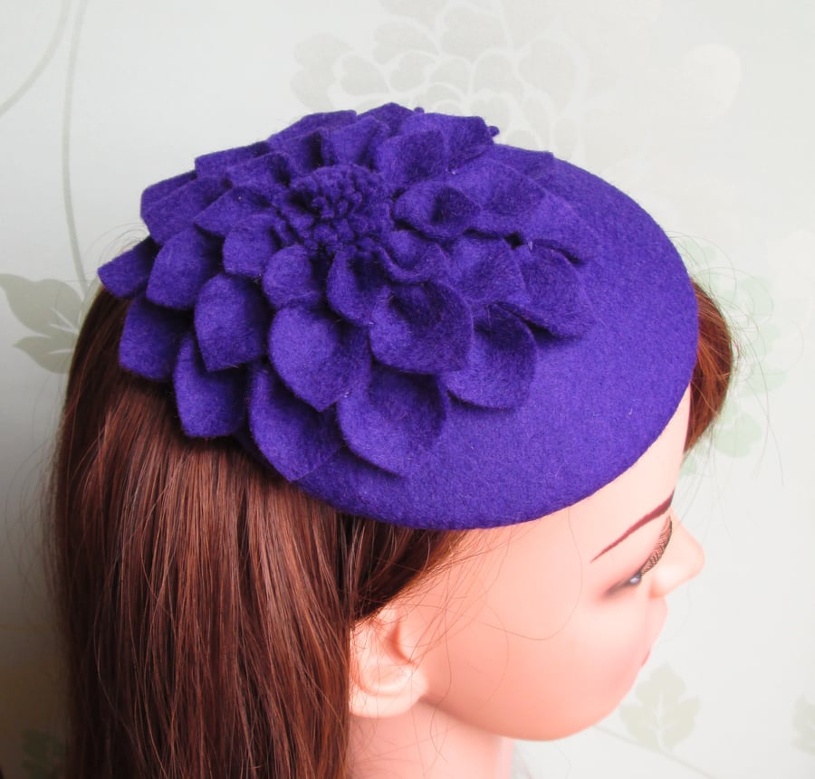 Purple Cocktail Hat - Dahlia Flower Fascinator Hat, Race Hat, Wedding Hat