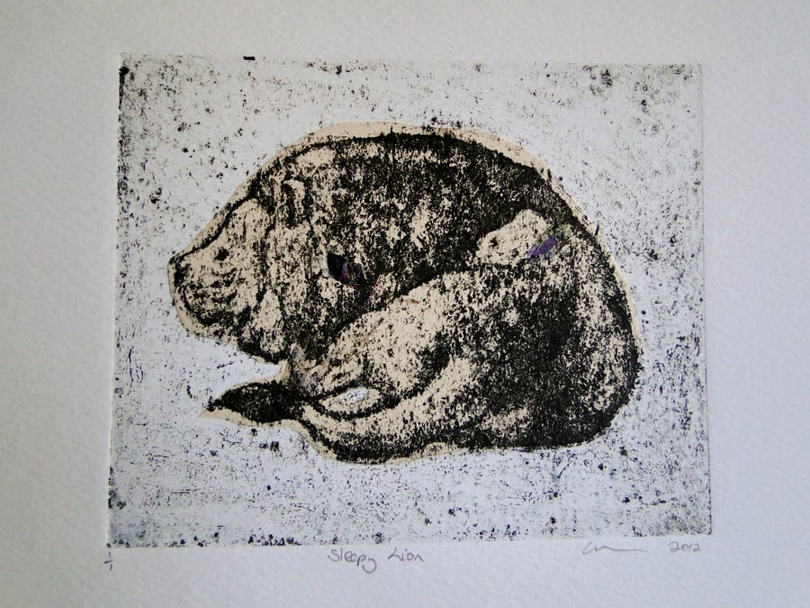 Sleepy Lion One-Off Hand Pulled Collagraph Print with Chine Colle