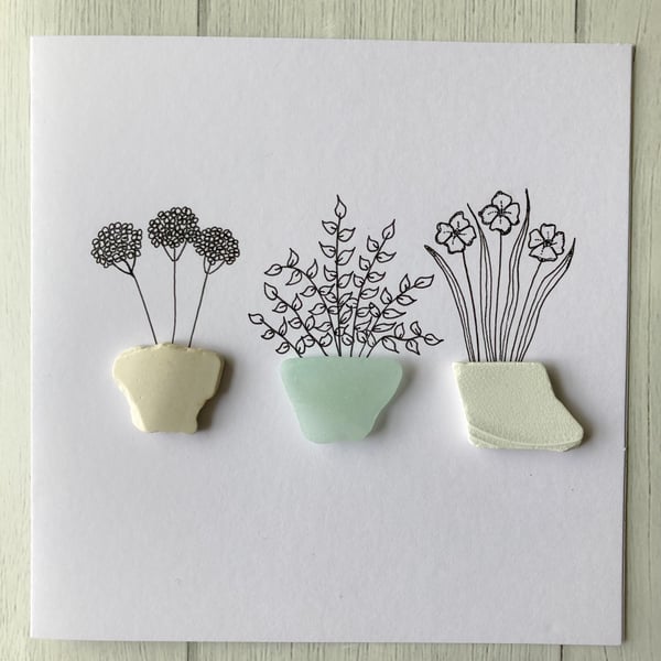 Cornwall sea glass and sea pottery plant pot greetings card