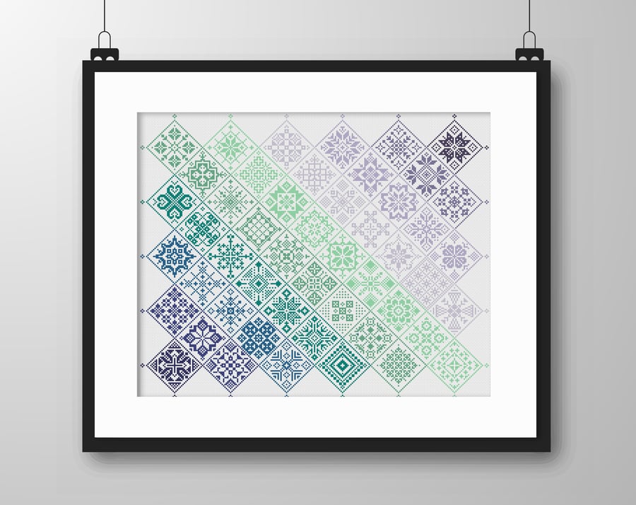 042C - Cross Stitch Quaker Sampler Gemstone Forest Banded tiled patchwork squar