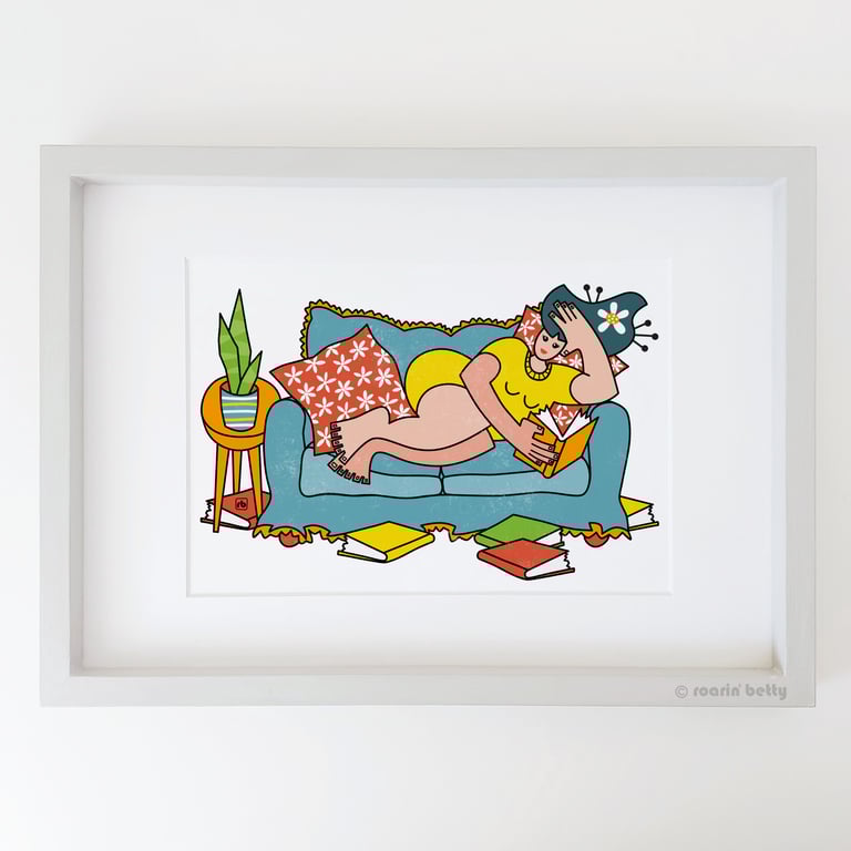 Book Lover, female bookworm illustration, original Giclee print