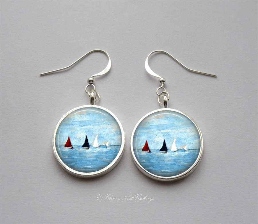 Silver Plated Sailing Boat Art Earrings