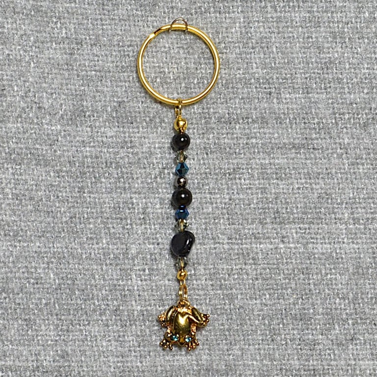 Keyring or Bag Charm – Blue-Eyed Golden Frog Charm with Blue & Black Mixed Beads