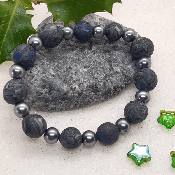 Grey, blue, black and silver bracelet