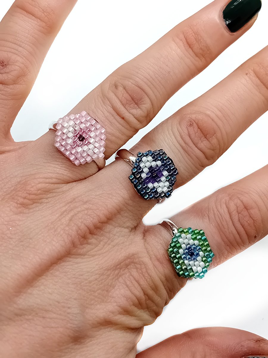 Beaded evil eye adjustable ring