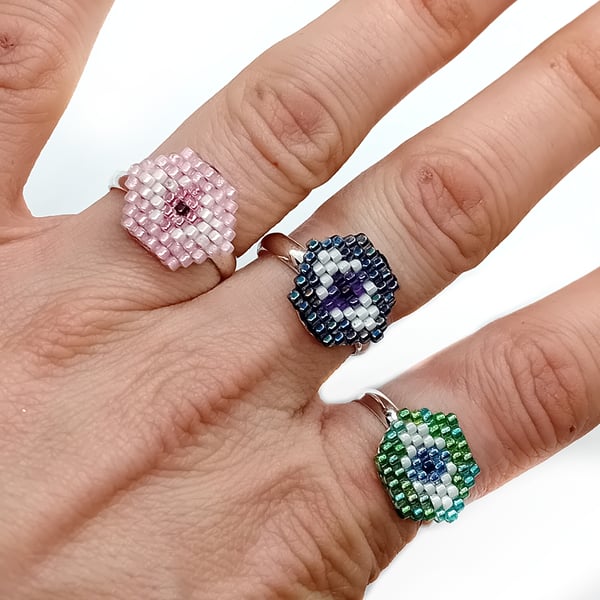 Beaded evil eye adjustable ring