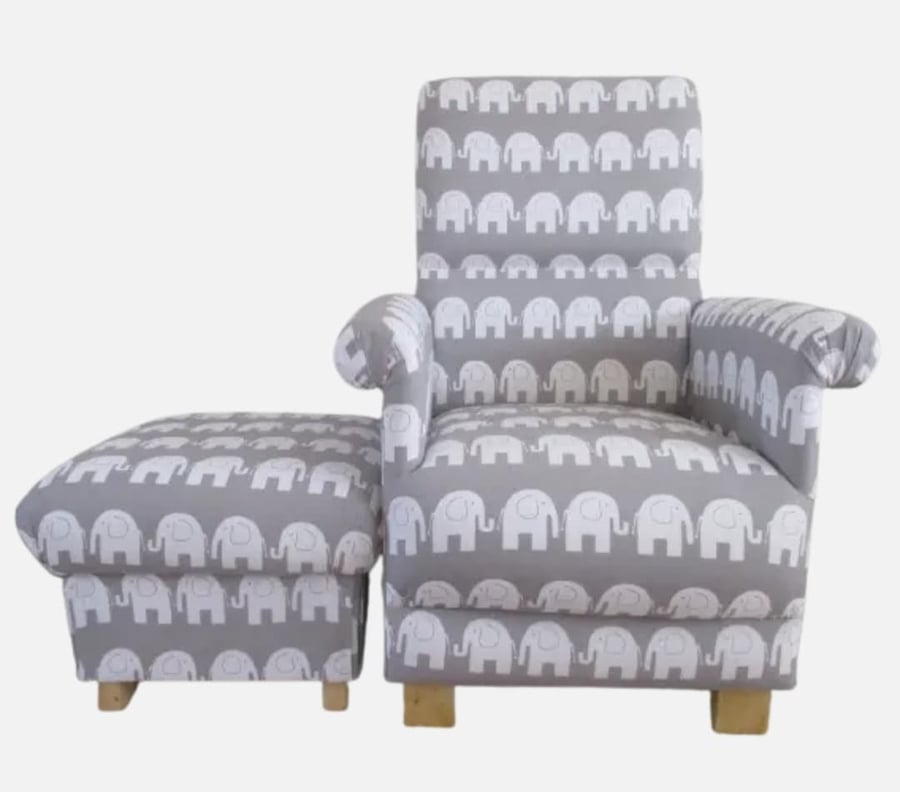 Armchair Elephants Grey Fabric Adult Chair & Footstool Nursery Bedroom Animals 