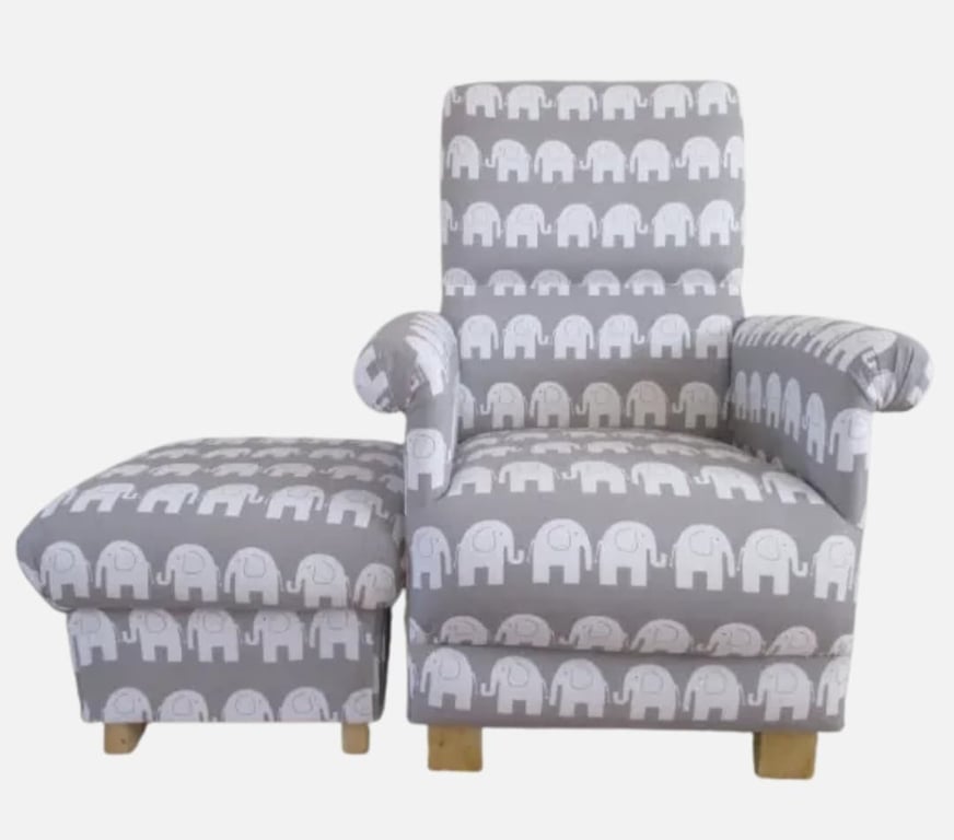 Armchair Elephants Grey Fabric Adult Chair & Footstool Nursery Bedroom Animals 