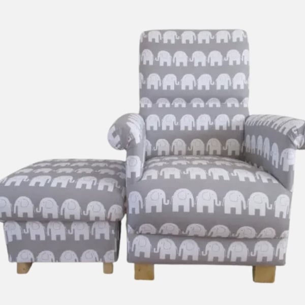 Armchair Elephants Grey Fabric Adult Chair & Footstool Nursery Bedroom Animals 