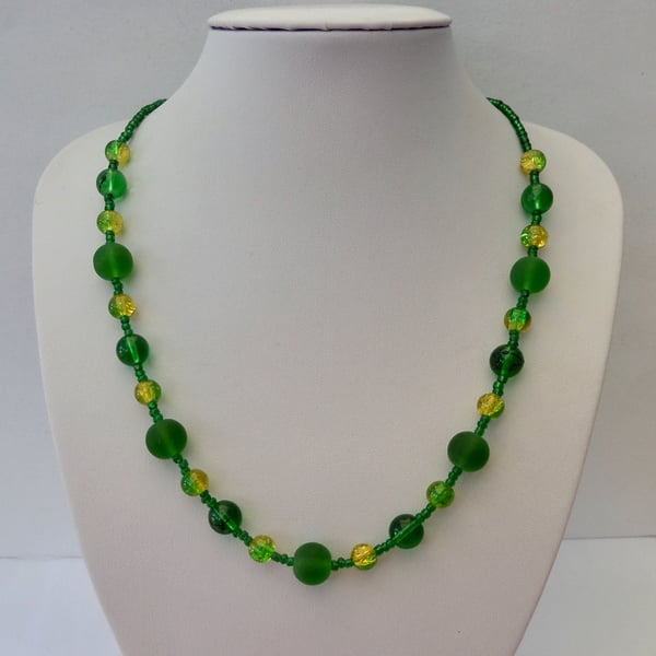 Green and yellow glass bead necklace