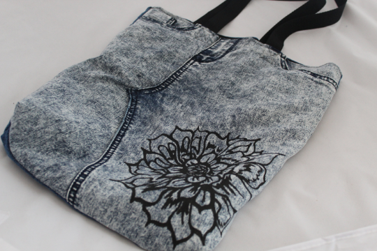 Handmade blue up cycled stone wash denim Tote bag, floral screen print Bag,gift