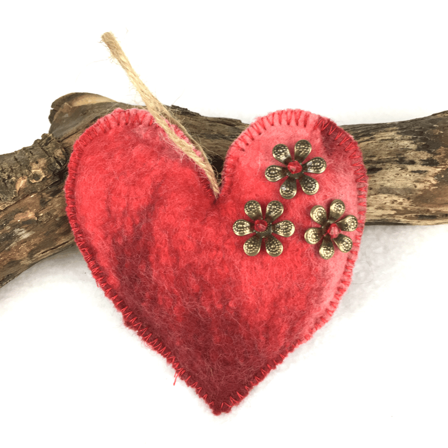 Red merino wool felt hanging padded heart decoration - SALE