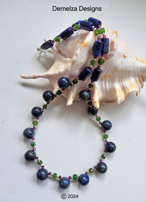 Designer Lapis Lazuli, Diopside, Rhodolite Garnet Sterling Silver Necklace