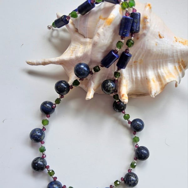 Lapis Lazuli, Chrome Diopside, Rhodolite Garnet Sterling Silver Necklace ONE OFF