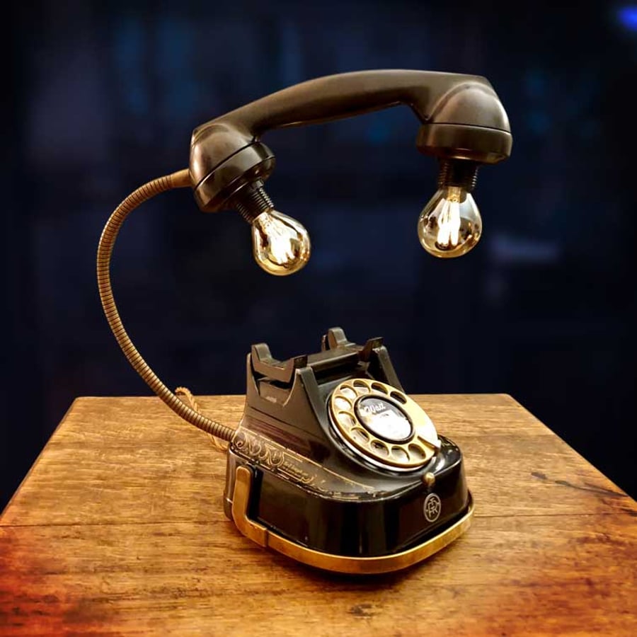 Upcycled Vintage Black and Brass Telephone Lamp