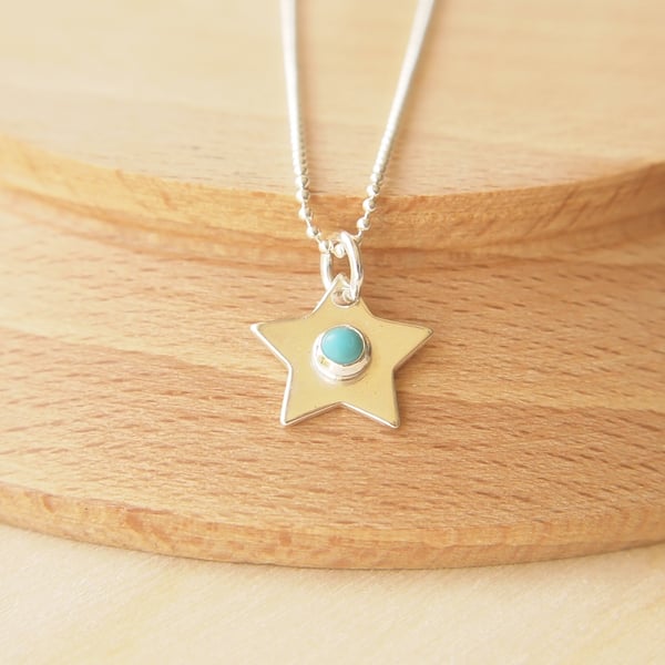 Turquoise Star Pendant in Sterling Silver. Birthstone Necklace