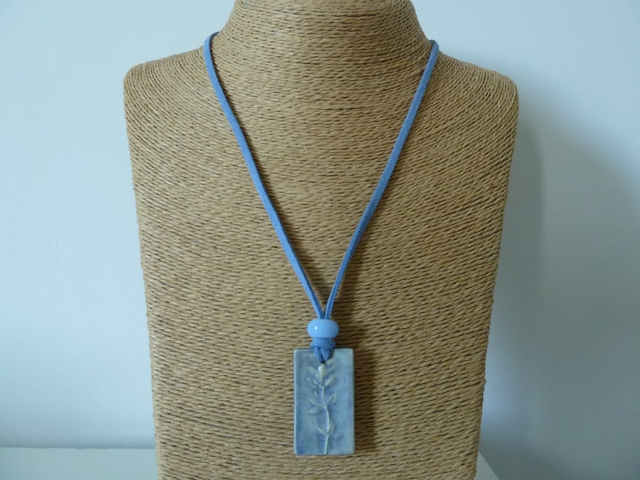 blue ceramc pendant, faux suede necklace