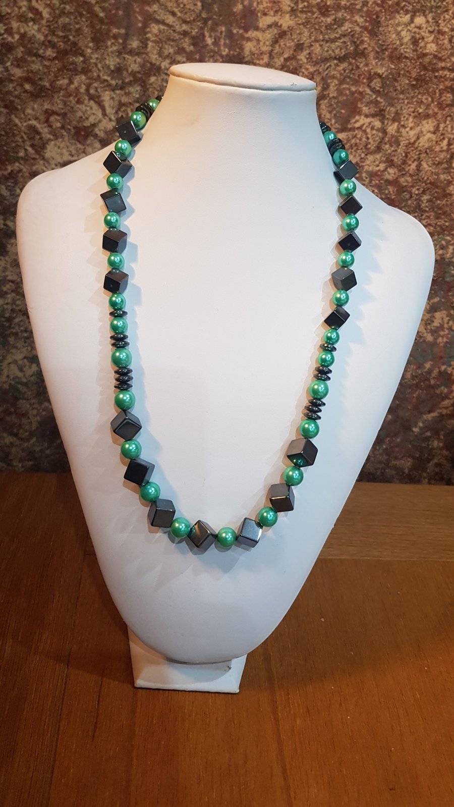 Hematite and vibrant green glass pearl necklace