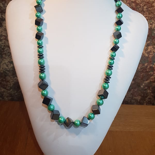 Hematite and vibrant green glass pearl necklace