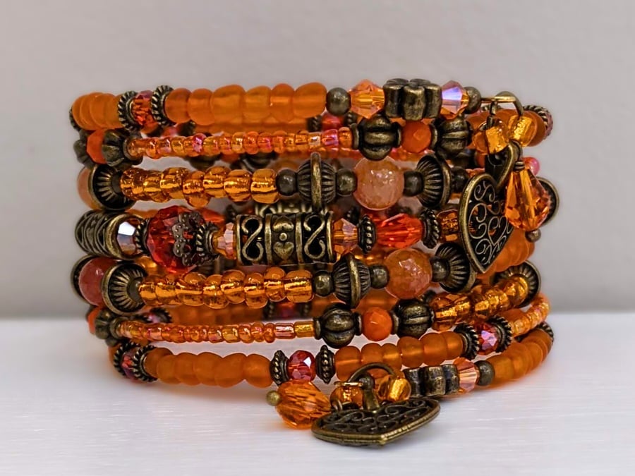 Beaded Memory Wire Bracelet in Burnt Orange and Bronze,  Stacked Cuff Bangle