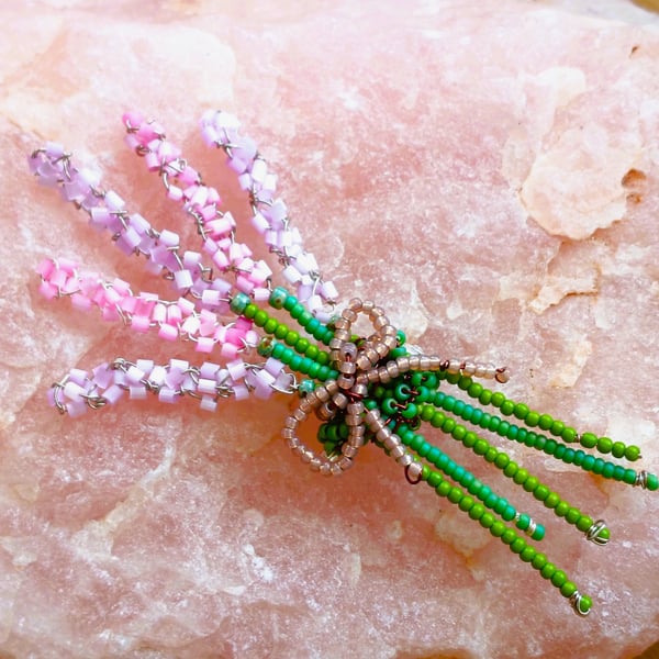 Glass Beaded Heather Flower Posy Brooch