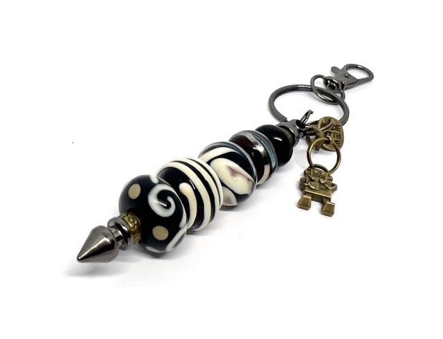 Handmade Monochrome Lamp-wor Glass Bead Bag Charm with added Charms Unique Gift 