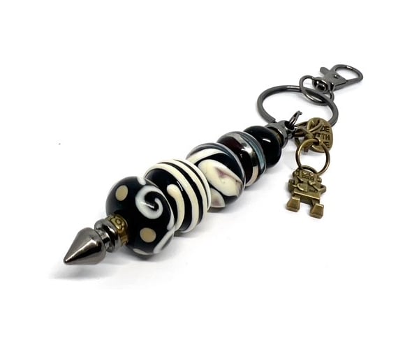 Handmade Monochrome Lamp-wor Glass Bead Bag Charm with added Charms Unique Gift 