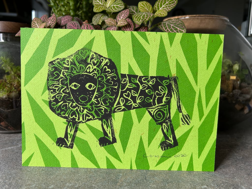 Lion print on variegated green paper -  stamped print - one of a kind 