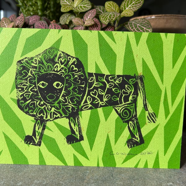 Lion print on variegated green paper -  stamped print - one of a kind 