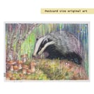 Little Badger finds some Mushrooms, original animal drawing, letterbox art gift