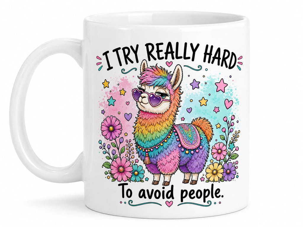 I Try Really Hard to Avoid People – Funny Colourful Llama 11oz Mug