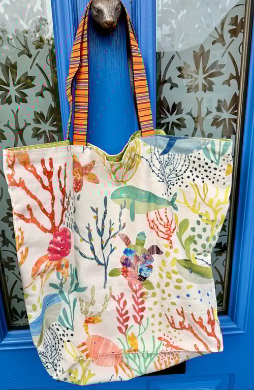 Large marine creature tote bag - colourful sealife on cream with stripy handles