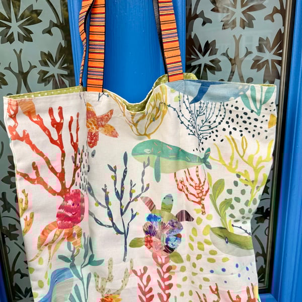 Large marine creature tote bag - colourful sealife on cream with stripy handles