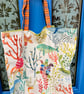 Large marine creature tote bag - colourful sealife on cream with stripy handles