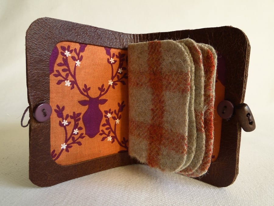 Needle Case in Brown Leather with Stag and Tartan  Fabric Interior