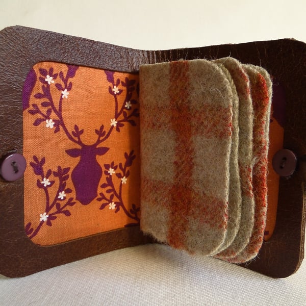 Needle Case in Brown Leather with Stag and Tartan  Fabric Interior